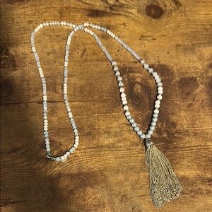 Loft gold tassel pink and grey beaded necklace